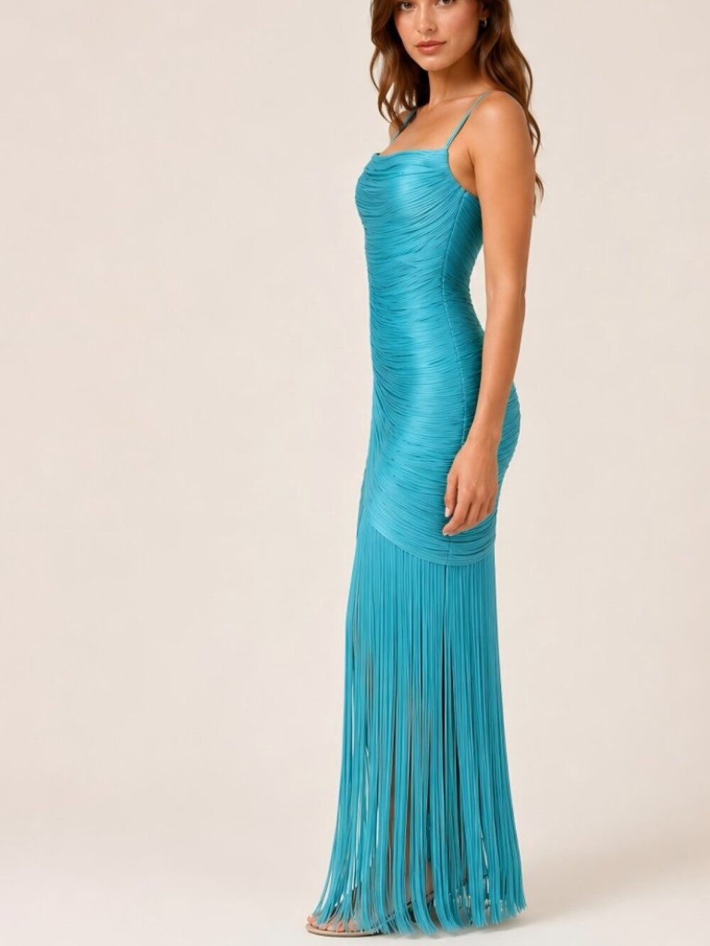 Glam Aqua Blue Spaghetti Strap Fringe Bandage Bodycon Prom Gown